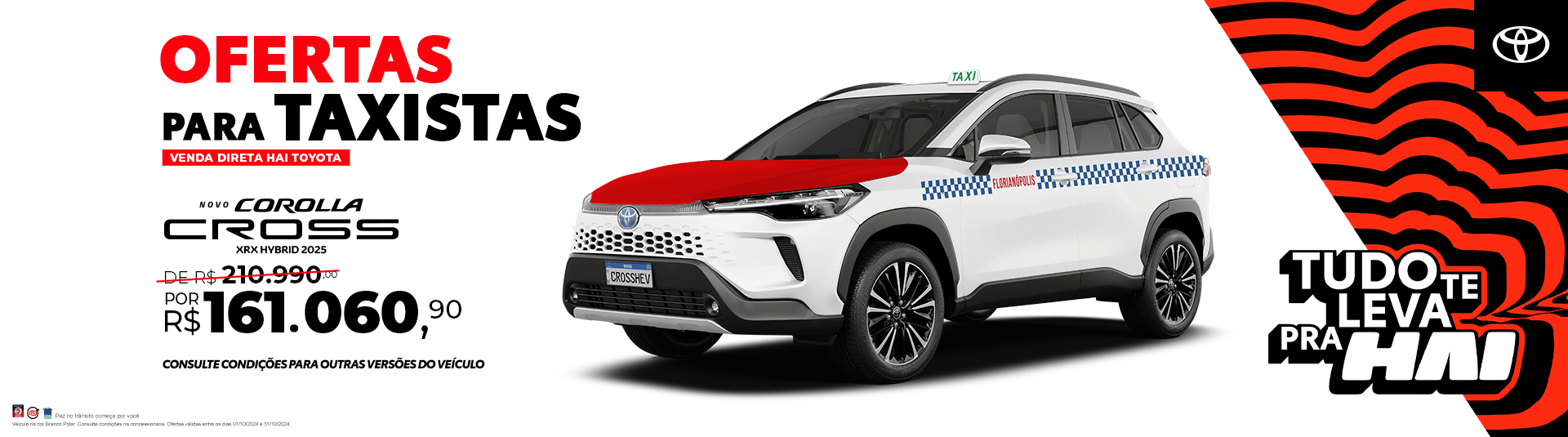 Oferta especial para taxistas: Toyota Corolla Cross XEI por R$ 137.319,99, com venda direta e bônus de R$ 1.200. Um SUV espaçoso, moderno e econômico, perfeito para profissionais que buscam conforto, desempenho e condições exclusivas para o seu negócio